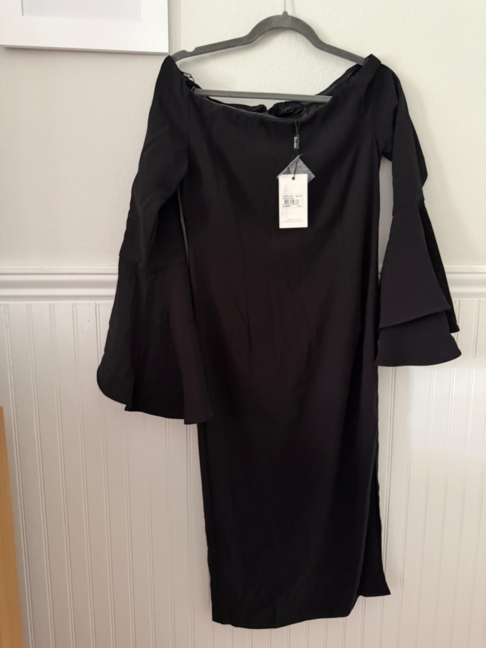 Bardot Black Strapless Off-Shoulder Dress with Bell Sleeves